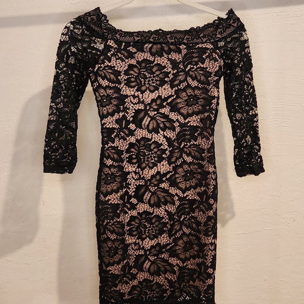 Black Lace Off-Shoulder Bodycon Dress – Size S – Nude Lined 3/4 Sleeve Mini